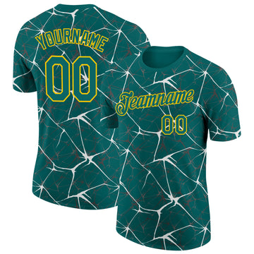 Custom Teal White Gray-Yellow Abstract Network Crackle Performance T-Shirt