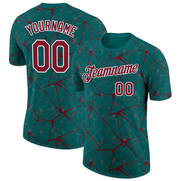 Custom Teal Crimson Gray-White Abstract Network Crackle Performance T-Shirt