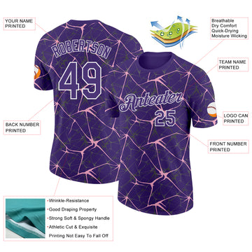 Custom Purple Light Pink Gray-White Abstract Network Crackle Performance T-Shirt