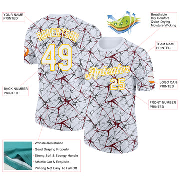 Custom White Burgundy Gray-Yellow Abstract Network Crackle Performance T-Shirt