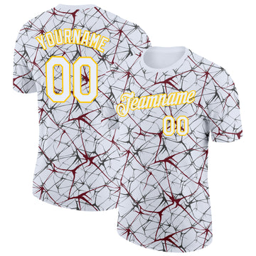 Custom White Burgundy Gray-Yellow Abstract Network Crackle Performance T-Shirt