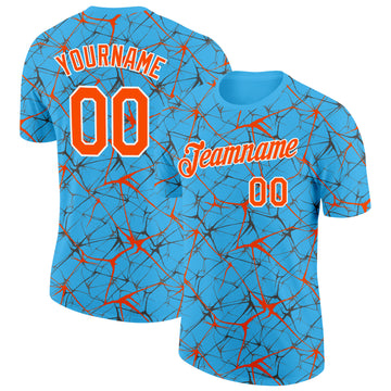 Custom Sky Blue Orange Gray-White Abstract Network Crackle Performance T-Shirt