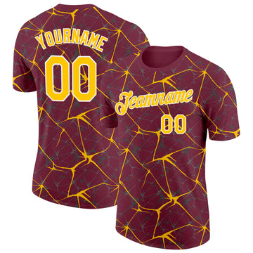 Custom Burgundy Yellow Gray-White Abstract Network Crackle Performance T-Shirt