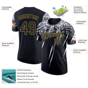 Custom Black White-Old Gold Distressed Scratch Brush Stroke Performance T-Shirt