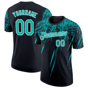 Custom Black Aqua-White Distressed Scratch Brush Stroke Performance T-Shirt