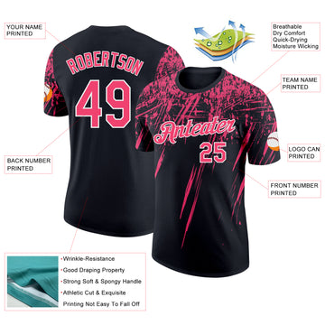Custom Black Neon Pink-White Distressed Scratch Brush Stroke Performance T-Shirt