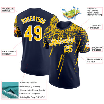 Custom Navy Yellow-White Distressed Scratch Brush Stroke Performance T-Shirt