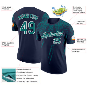 Custom Navy Teal-White Distressed Scratch Brush Stroke Performance T-Shirt