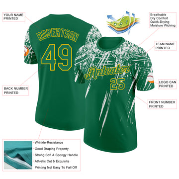 Custom Kelly Green White-Yellow Distressed Scratch Brush Stroke Performance T-Shirt