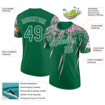 Custom Kelly Green Light Pink-White Distressed Scratch Brush Stroke Performance T-Shirt
