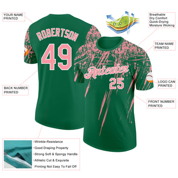Custom Kelly Green Medium Pink-White Distressed Scratch Brush Stroke Performance T-Shirt