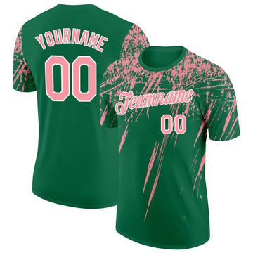 Custom Kelly Green Medium Pink-White Distressed Scratch Brush Stroke Performance T-Shirt