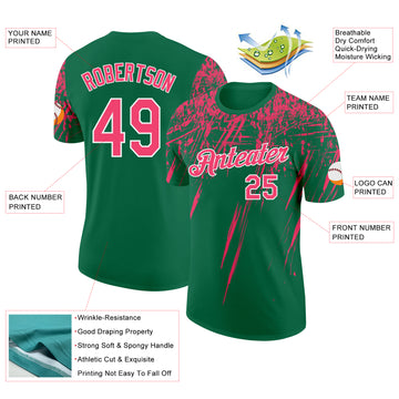 Custom Kelly Green Neon Pink-White Distressed Scratch Brush Stroke Performance T-Shirt