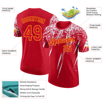 Custom Red White-Yellow Distressed Scratch Brush Stroke Performance T-Shirt