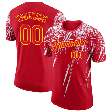 Custom Red White-Yellow Distressed Scratch Brush Stroke Performance T-Shirt