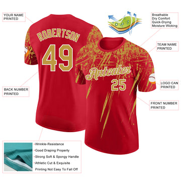 Custom Red Old Gold-White Distressed Scratch Brush Stroke Performance T-Shirt