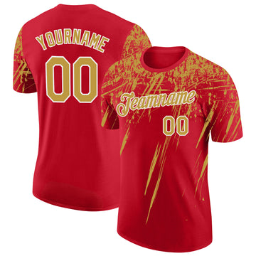 Custom Red Old Gold-White Distressed Scratch Brush Stroke Performance T-Shirt