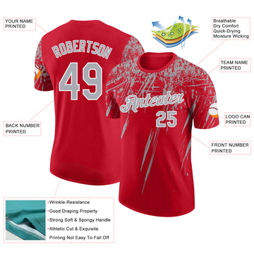 Custom Red Gray-White Distressed Scratch Brush Stroke Performance T-Shirt