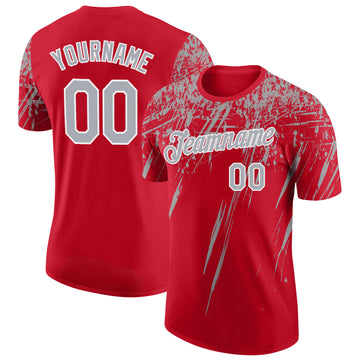 Custom Red Gray-White Distressed Scratch Brush Stroke Performance T-Shirt
