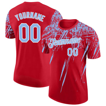 Custom Red Light Blue-White Distressed Scratch Brush Stroke Performance T-Shirt