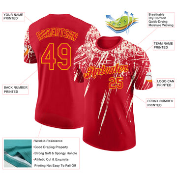 Custom Red Cream-Yellow Distressed Scratch Brush Stroke Performance T-Shirt