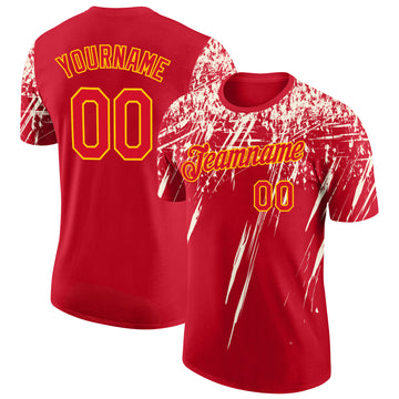 Custom Red Cream-Yellow Distressed Scratch Brush Stroke Performance T-Shirt