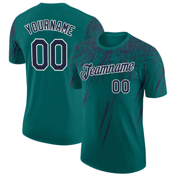 Custom Teal Navy-White Distressed Scratch Brush Stroke Performance T-Shirt