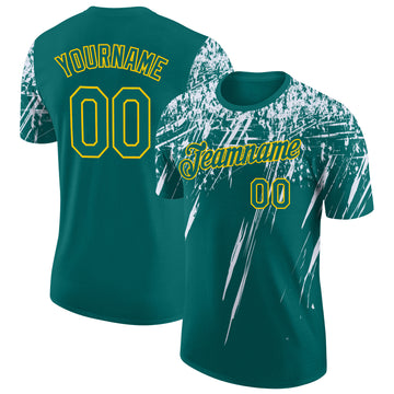Custom Teal White-Yellow Distressed Scratch Brush Stroke Performance T-Shirt