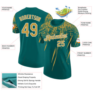 Custom Teal Old Gold-White Distressed Scratch Brush Stroke Performance T-Shirt