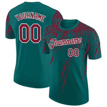 Custom Teal Crimson-White Distressed Scratch Brush Stroke Performance T-Shirt