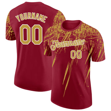 Custom Crimson Old Gold-White Distressed Scratch Brush Stroke Performance T-Shirt