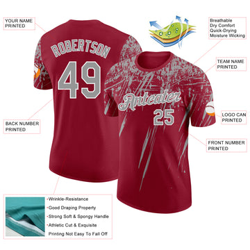 Custom Crimson Gray-White Distressed Scratch Brush Stroke Performance T-Shirt