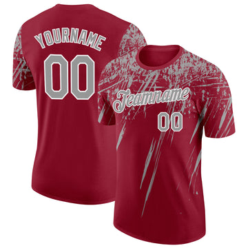 Custom Crimson Gray-White Distressed Scratch Brush Stroke Performance T-Shirt