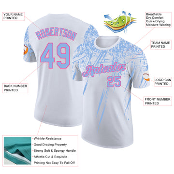 Custom White Light Blue-Pink Distressed Scratch Brush Stroke Performance T-Shirt