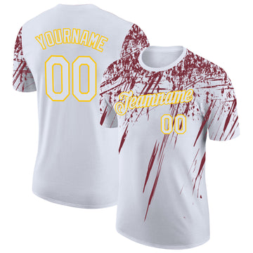 Custom White Burgundy-Yellow Distressed Scratch Brush Stroke Performance T-Shirt