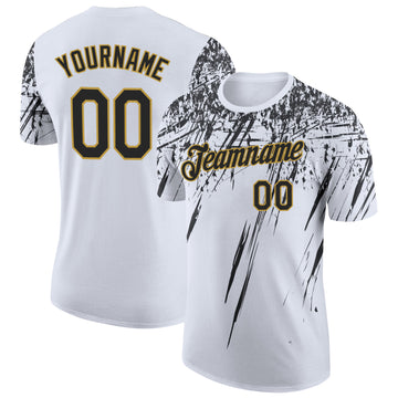 Custom White Black-Old Gold Distressed Scratch Brush Stroke Performance T-Shirt