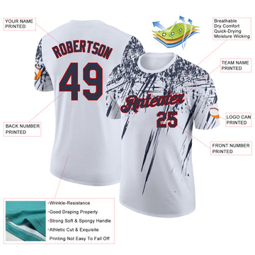 Custom White Navy-Red Distressed Scratch Brush Stroke Performance T-Shirt