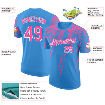 Custom Powder Blue Pink-White Distressed Scratch Brush Stroke Performance T-Shirt