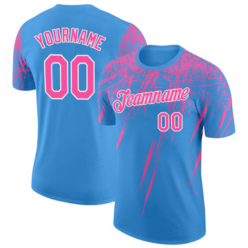 Custom Powder Blue Pink-White Distressed Scratch Brush Stroke Performance T-Shirt