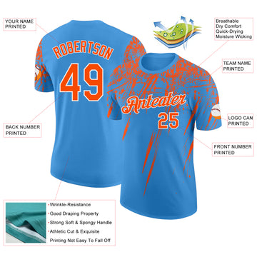 Custom Powder Blue Orange-White Distressed Scratch Brush Stroke Performance T-Shirt