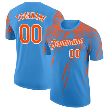 Custom Powder Blue Orange-White Distressed Scratch Brush Stroke Performance T-Shirt