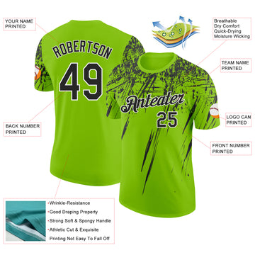 Custom Neon Green Black-White Distressed Scratch Brush Stroke Performance T-Shirt