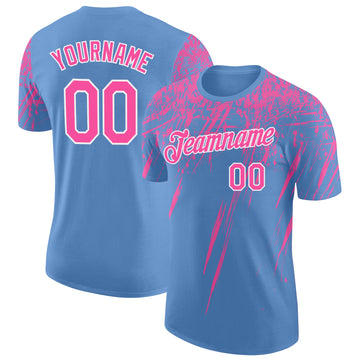 Custom Light Blue Pink-White Distressed Scratch Brush Stroke Performance T-Shirt