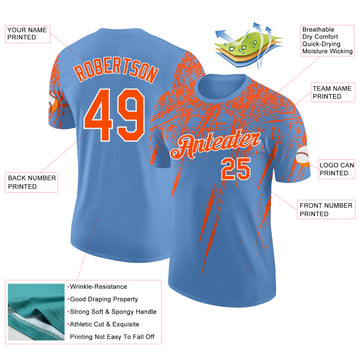 Custom Light Blue Orange-White Distressed Scratch Brush Stroke Performance T-Shirt