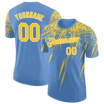 Custom Light Blue Yellow-White Distressed Scratch Brush Stroke Performance T-Shirt