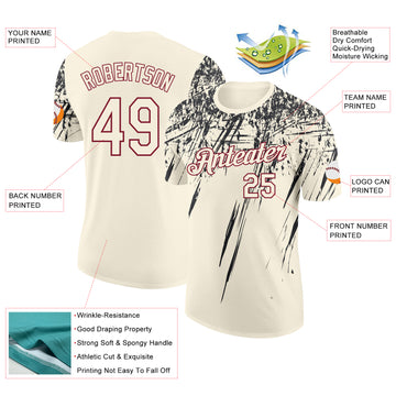 Custom Cream Black-Crimson Distressed Scratch Brush Stroke Performance T-Shirt