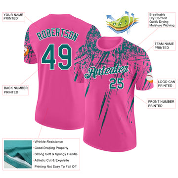 Custom Pink Teal-White Distressed Scratch Brush Stroke Performance T-Shirt