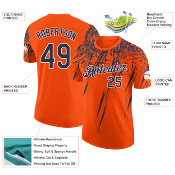 Custom Orange Navy-White Distressed Scratch Brush Stroke Performance T-Shirt
