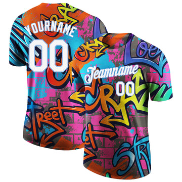 Custom Graffiti Pattern White-Light Blue Vibrant MulticolorStreet Style Performance T-Shirt