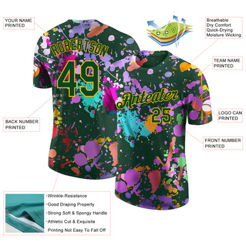 Custom Graffiti Pattern Green-Gold Vibrant Multicolor Paint Splatter Performance T-Shirt